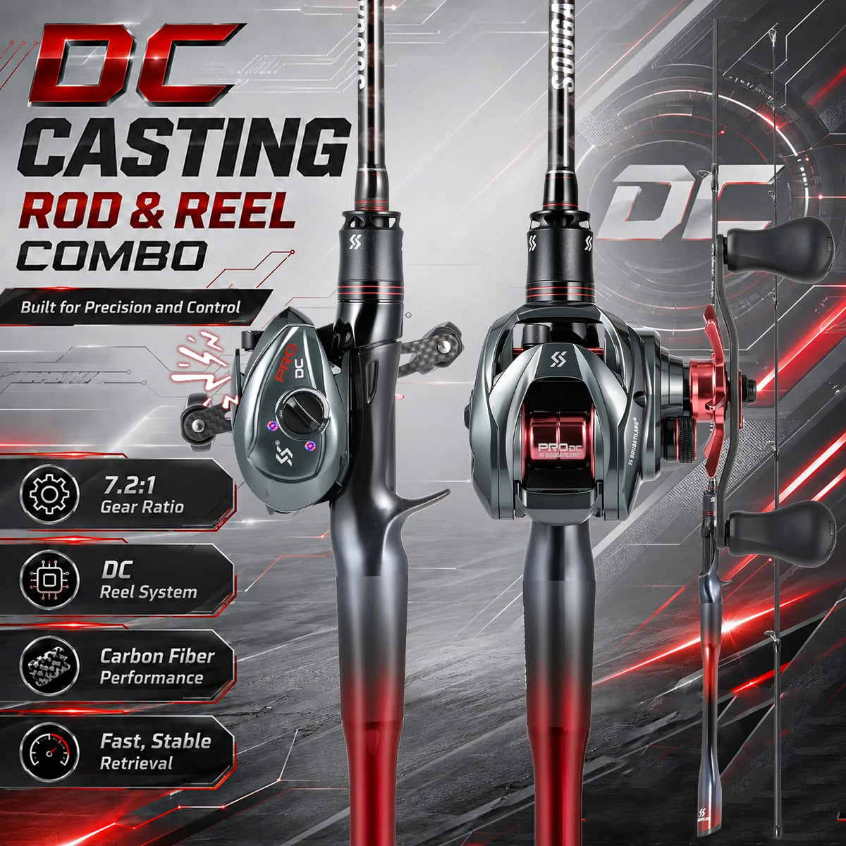 Sougayilang DC Baitcasting Combo 7.2:1 Gear Ratio Carbon Fiber Casting Fishing Rod and Reel Set Freshwater Saltwater Fishing Kit