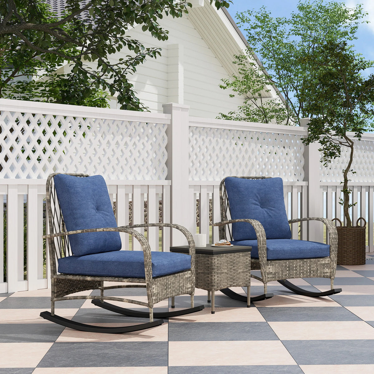Patio Furniture Set, Rocking Chairs W/ Coffee Table, Cushion, Gray