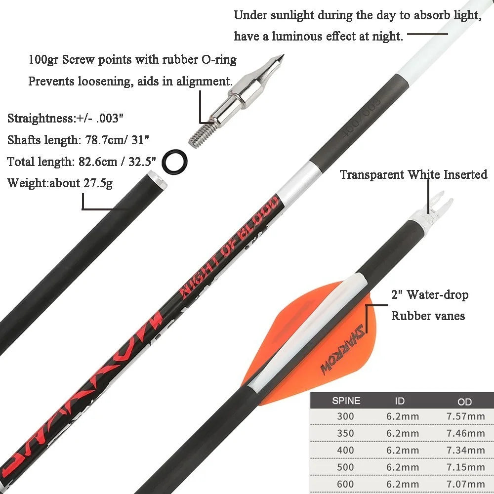 Pure Carbon Archery Arrows 12Pcs Multi Spine 300 400 500 Shaft ID 6.2mm Straightness +/-0.003 Inch High Precision Arrow Shafts Compatible with Compound Recurve Bow for Outdoor Hunting Target Practice Shooting Sports