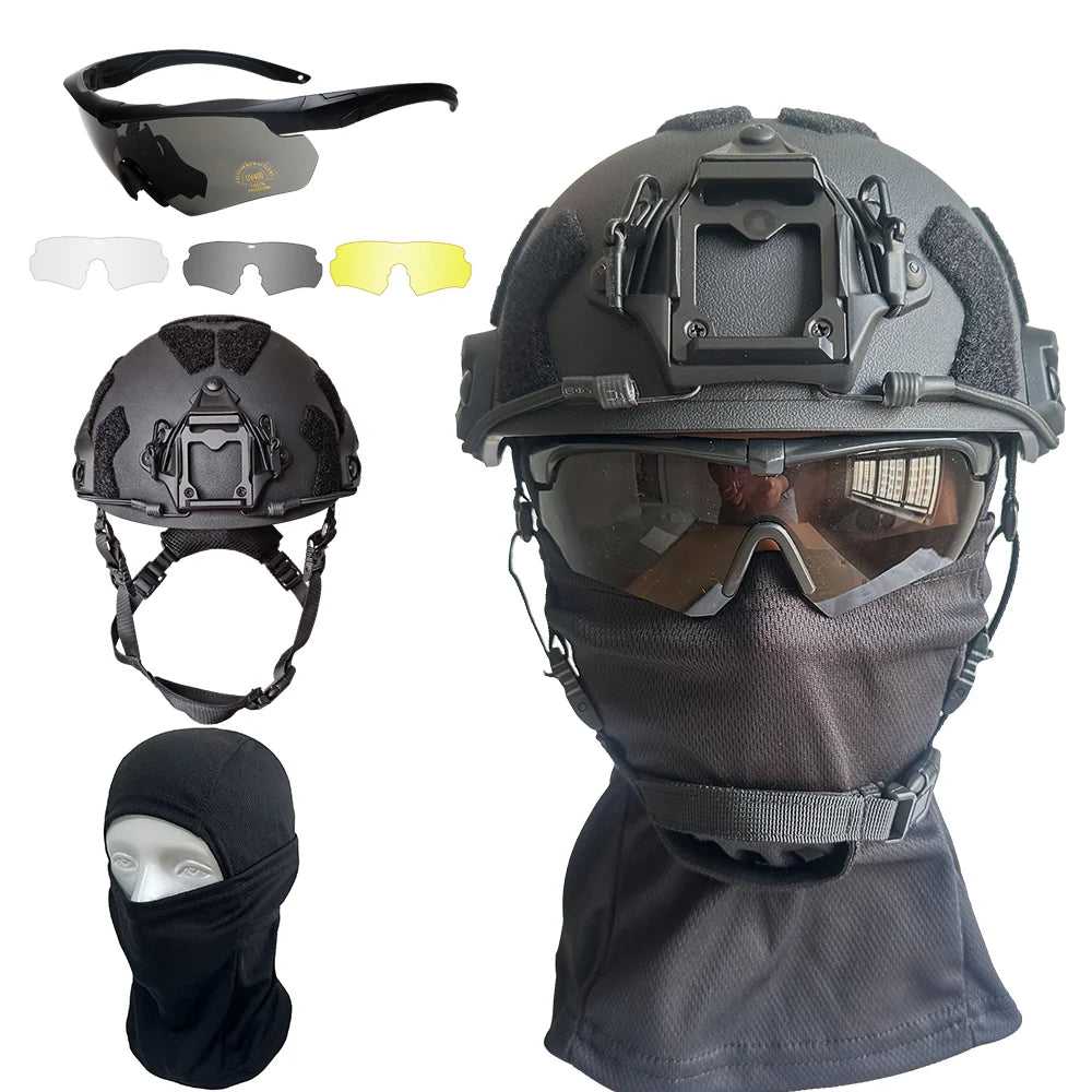 Military Tactical Helmet Set - Multi-Lens Goggles & Full Face Mask, Riot Airsoft CS Protective Gear for Outdoor Sports