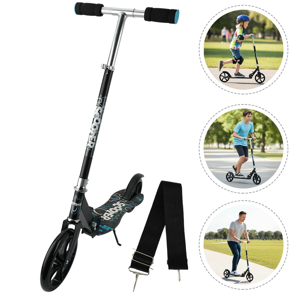 The scooter is height-adjustable and features ergonomic handlebars and a rear wheel friction brake.