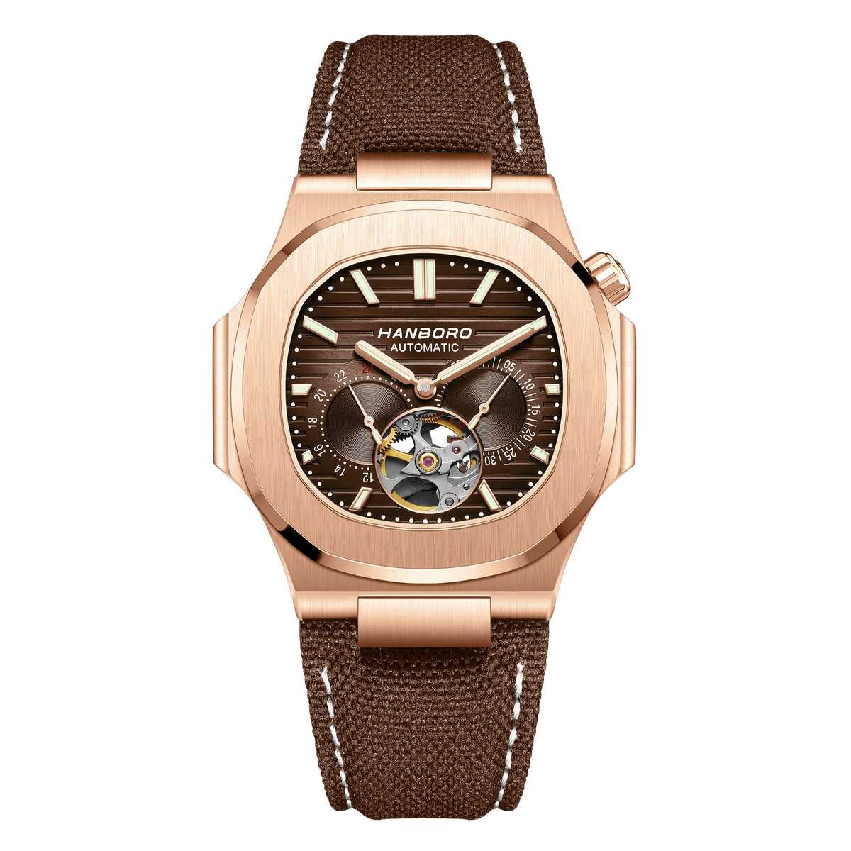 HANBORO Creative Crown Design Rose Gold Square Men's Brown Skull Mechanical Watch Canvas Strap Personalized Japanese Movement