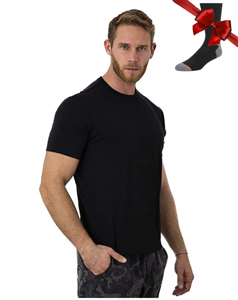 100% Superfine Merino Wool T Shirt Mens Base Layer Shirt Merino Wool Wicking Breathable Quick Dry Anti-Odor +Merino Wool Socks