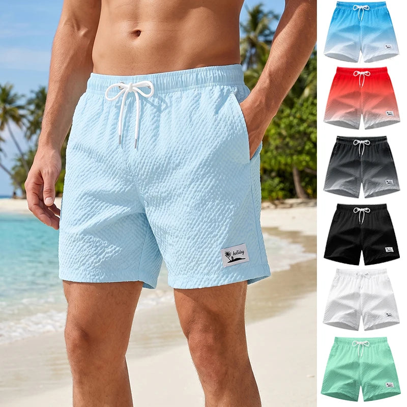 Men's Seersucker Beach Shorts with Mesh Liner Summer Casual Board Shorts with Pockets Quick Dry Swimwear Swimsuit Swim Trunks