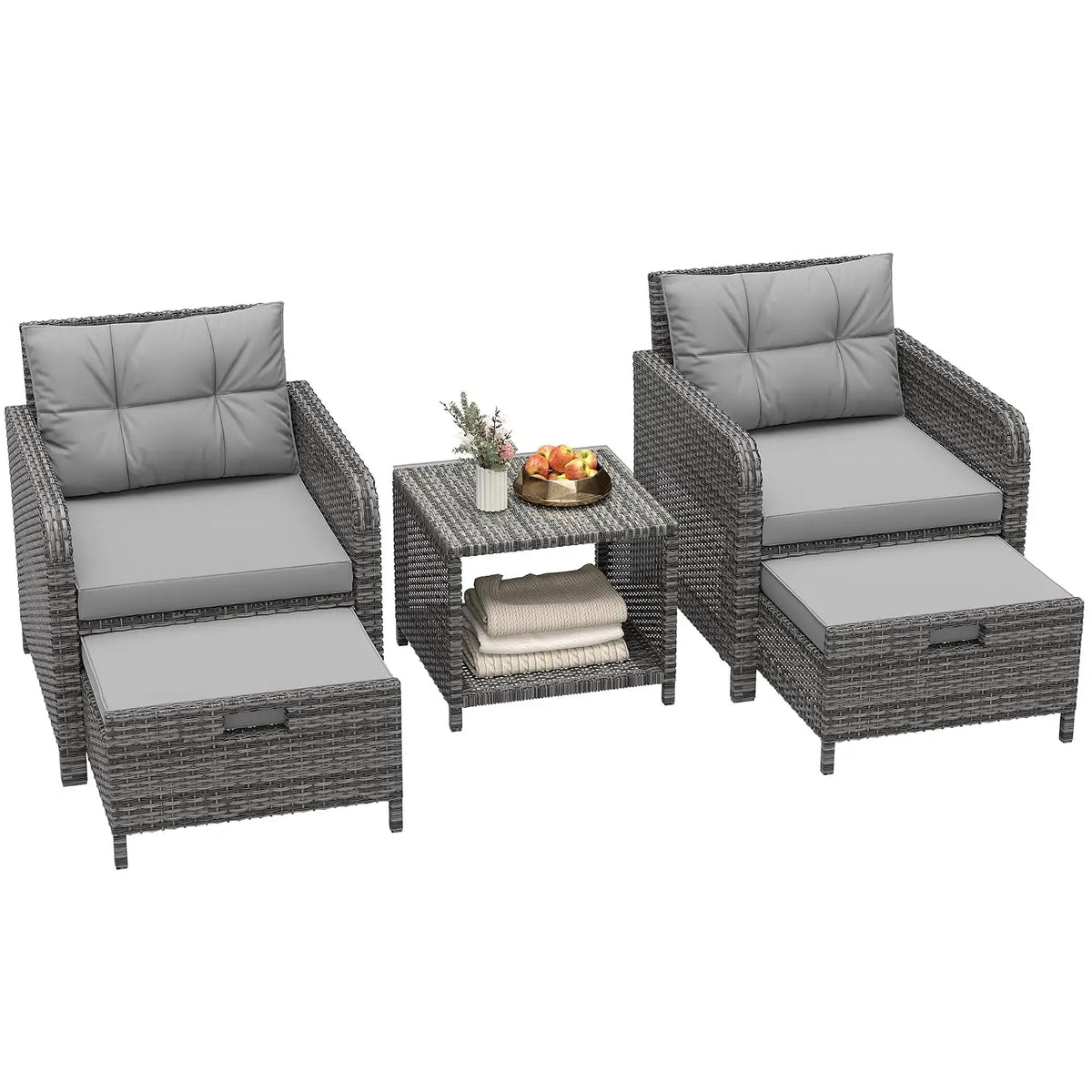 5 Piece Patio Furniture Set, PE Wicker Outdoor Furniture Set with Soft Cushions & Coffee Table, Outdoor Lounge Chairs, Custom