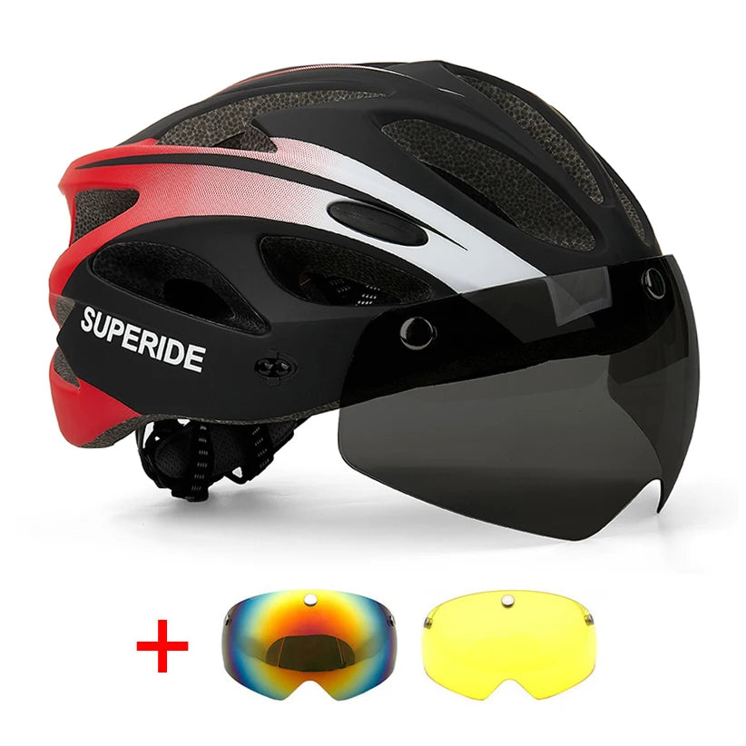 SUPERIDE Rechargeable Road Bike Helmet Men Women Cycling Helmet with Visor & Rearlight Sports MTB Bicycle Helmet with Goggles