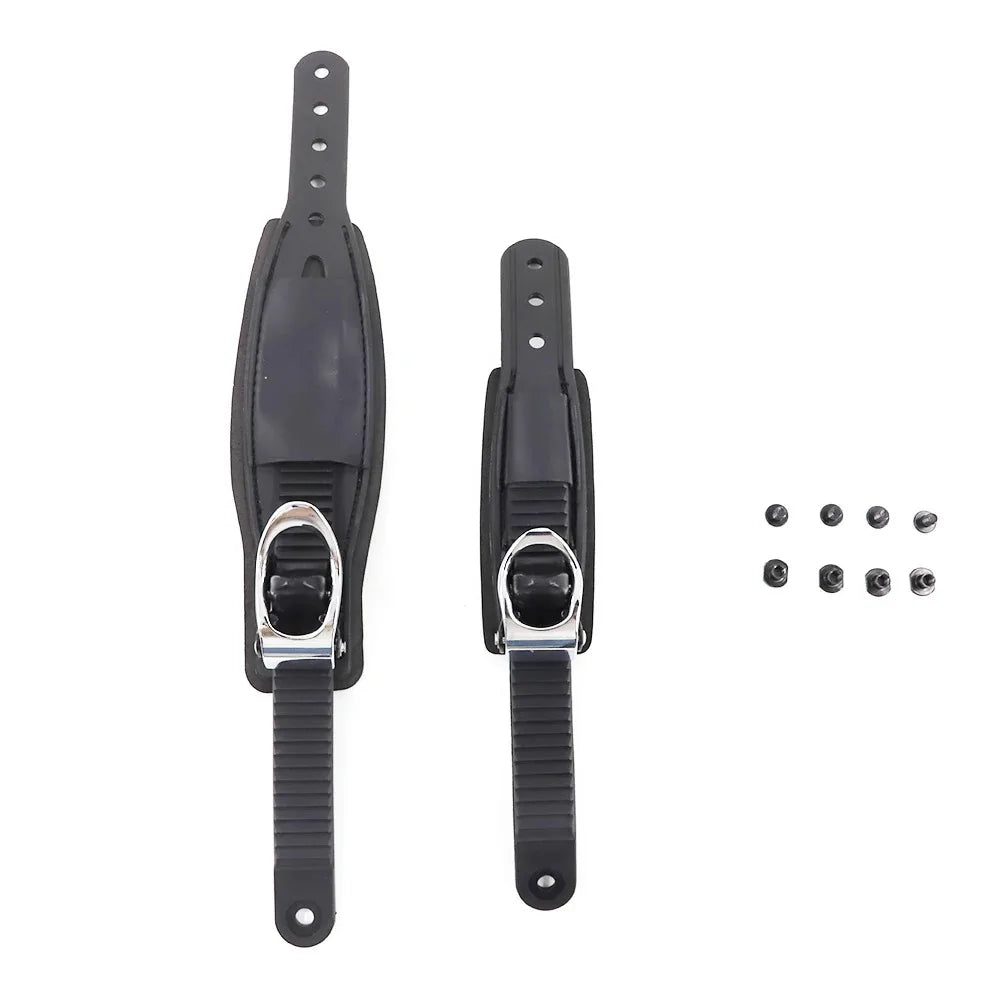 Adjustable Ski Strap Binding Attachment for Multiple Occasions With Ratchet Tongue Ladder to Secure Shoelaces