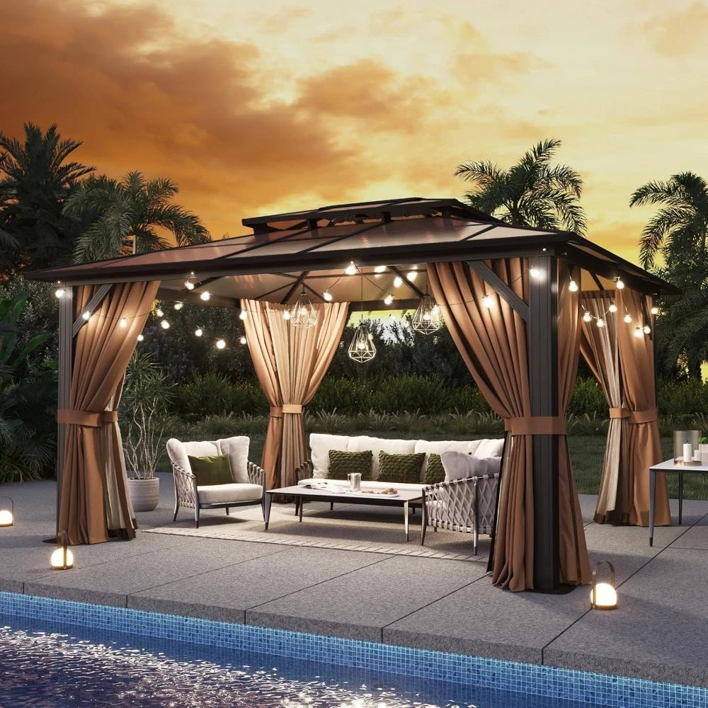 US SHIPPING 12ft x 10ft Brown Aluminum Hardtop Gazebo Permanent Pavilion with Polycarbonate Double Roof and Curtains Netting for