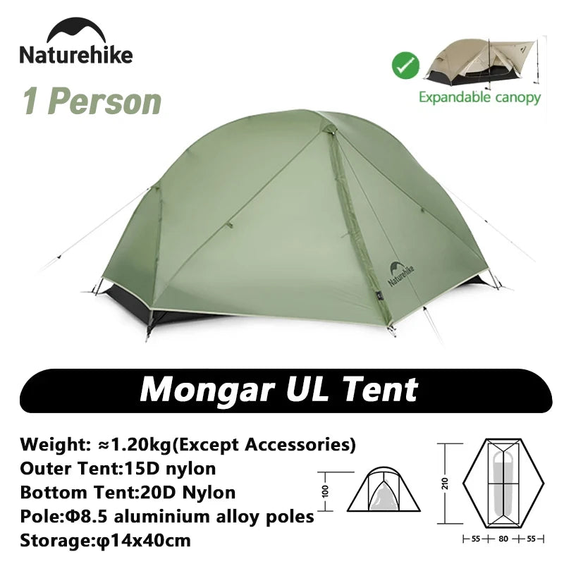Naturehike Mongar 2 UL/PRO/Base Tent Camping 1-3 Person Tent Outdoor Travel 15D Waterproof Ultralight Backpacking Shelter Tent