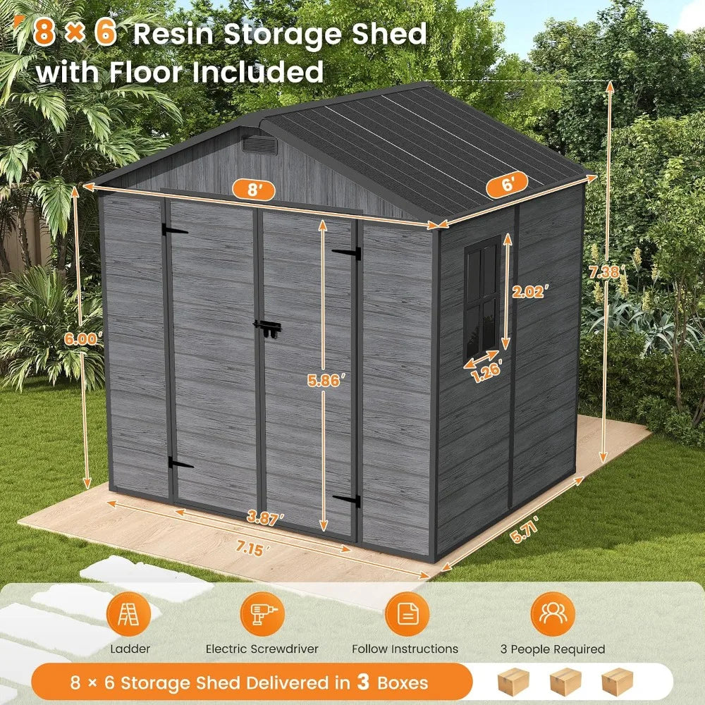 Resin Storage Shed 8x6 FT, Plastic Outdoor Storage Shed for Patio, Customized