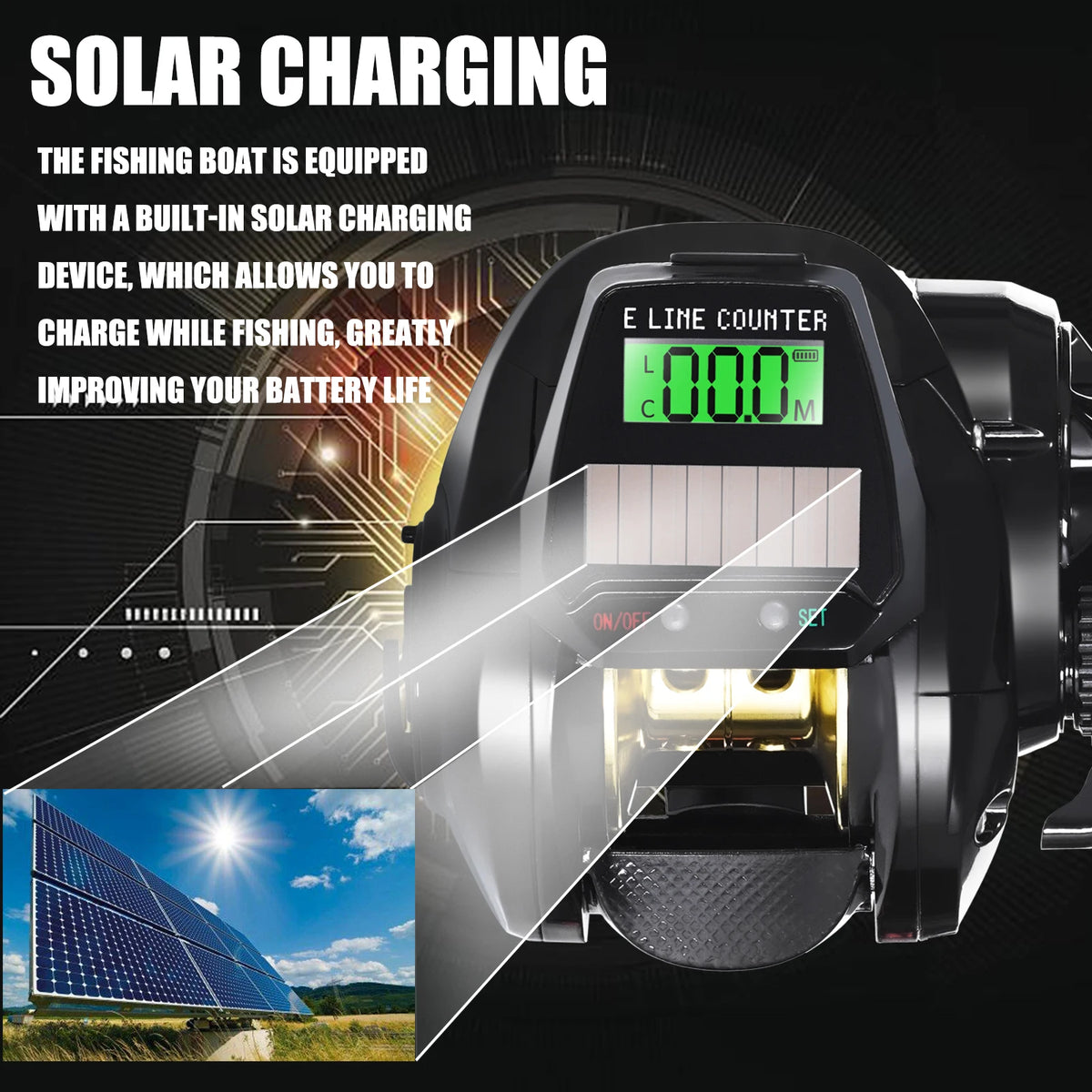 New Electronic Baitcasting Fishing Reel Led Screen USB And Solar Charging 7.2:1 Sea Saltwater Waterproof Cast Drum Wheel Casting