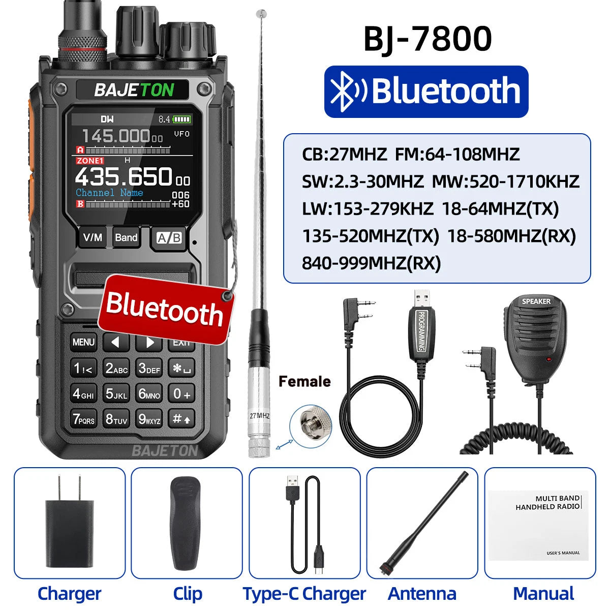BAJETON BJ-7800 Walkie Talkie NOAA SW MW LW AM SSB CB 10W Receive Wireless Bluetooth Phone Programming for RT-920 Two Way Radio