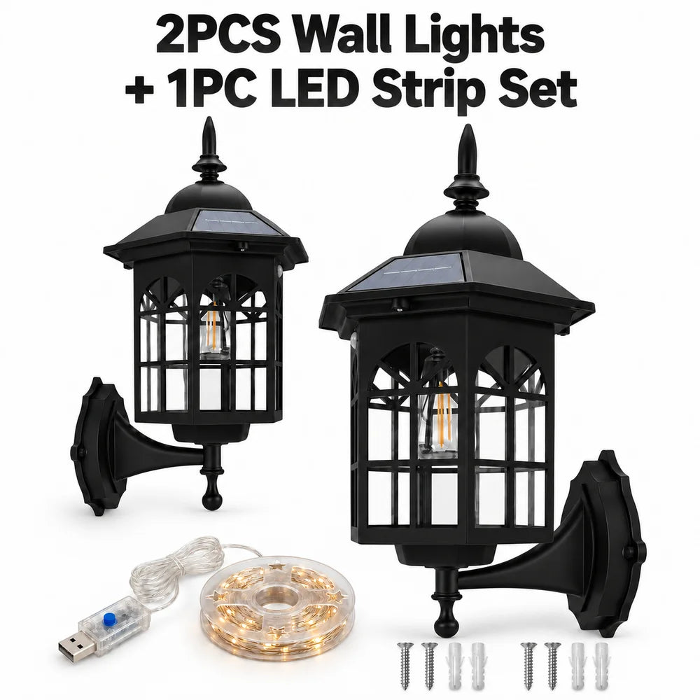2 Pack Outdoor Solar Wall Lantern Lights With 1 USB LED Light Strip Decorative Wall Sconces Set For Front Porch Entryway Patio And Garden