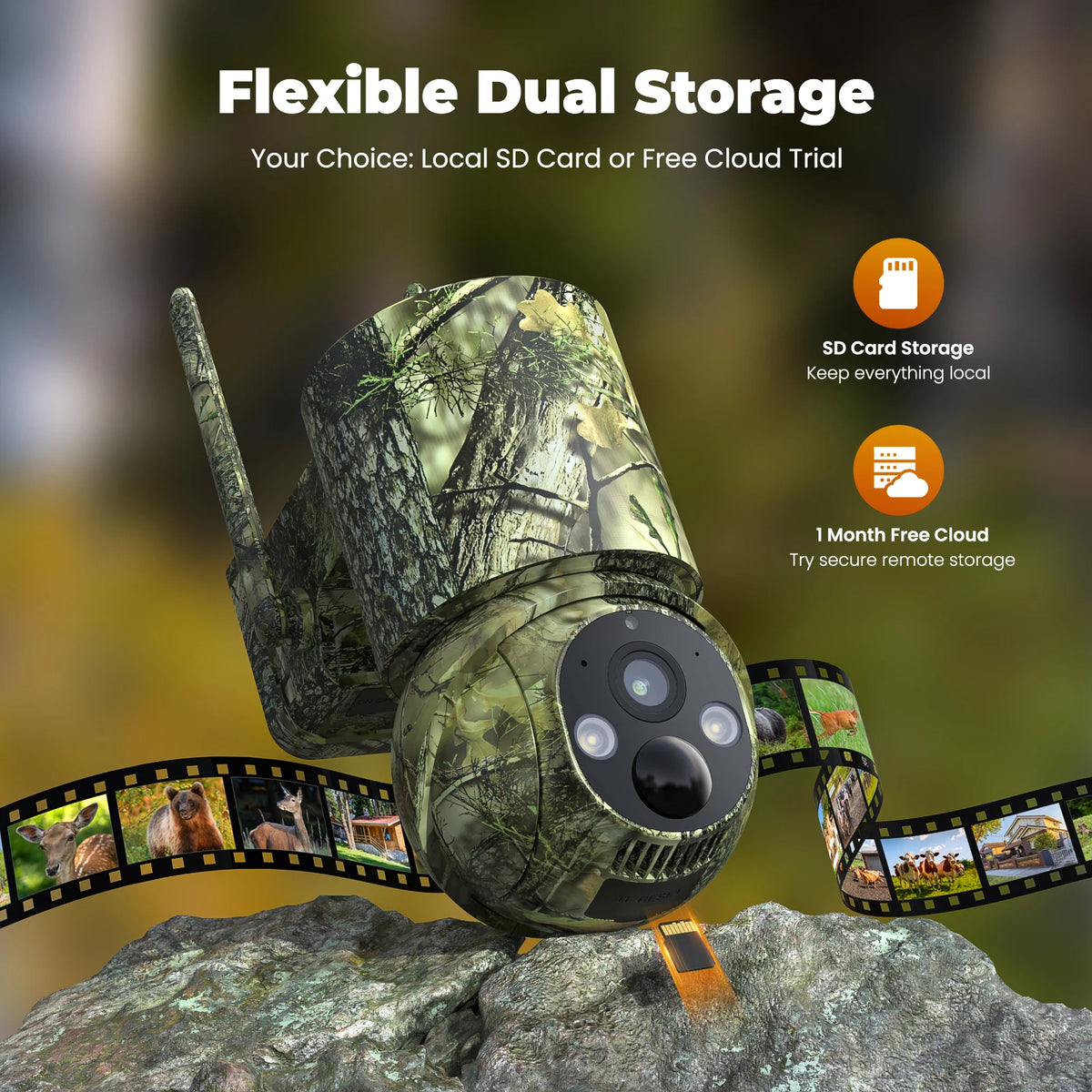 4G Solar-Powered LTE Cellular Trail Camera (With a SD Card And a SIM Card), Color Night Vision, Two-Way Talk, 1080P FHD, 360°True Panoramic Vision, SD Card/Cloud Storage, PIR Detection, Instant Alerts, Instant Communication,