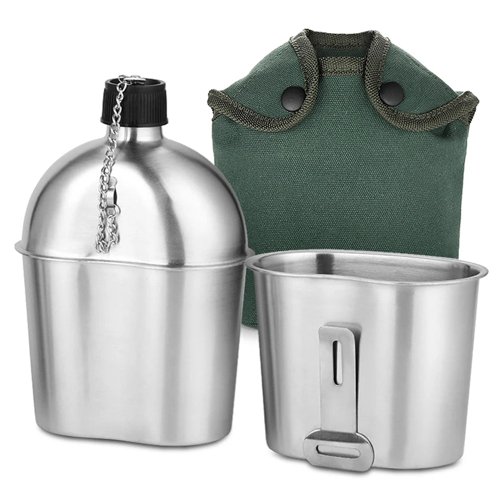2pcs 1000ml 600ml Stainless Steel Military Canteen Cup Set with Cover Bag for Outdoor Camping Hiking Backpacking Kettle Bottle