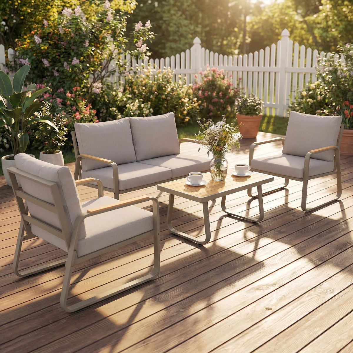 4 Piece Patio Furniture Set, Outdoor Sofa Set, Brown