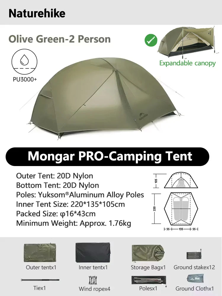 Naturehike Mongar 2 UL/PRO/Base Tent Camping 1-3 Person Tent Outdoor Travel 15D Waterproof Ultralight Backpacking Shelter Tent