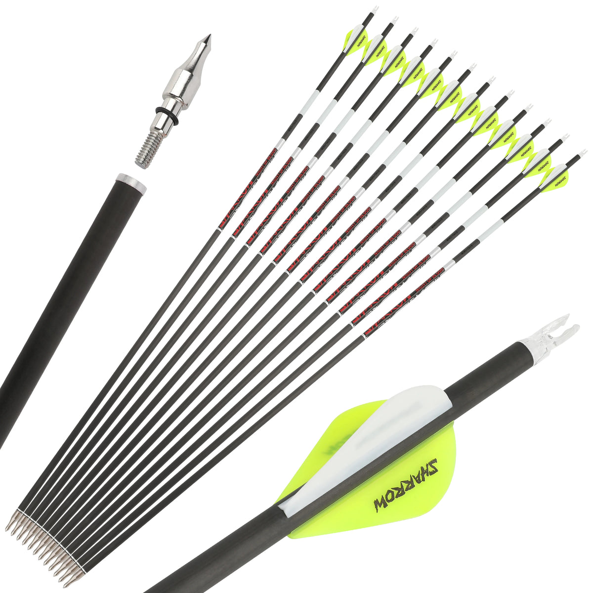 Pure Carbon Archery Arrows 12Pcs Multi Spine 300 400 500 Shaft ID 6.2mm Straightness +/-0.003 Inch High Precision Arrow Shafts Compatible with Compound Recurve Bow for Outdoor Hunting Target Practice Shooting Sports
