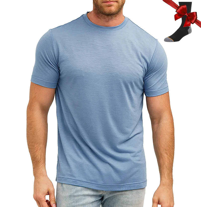 100% Superfine Merino Wool T Shirt Mens Base Layer Shirt Merino Wool Wicking Breathable Quick Dry Anti-Odor +Merino Wool Socks
