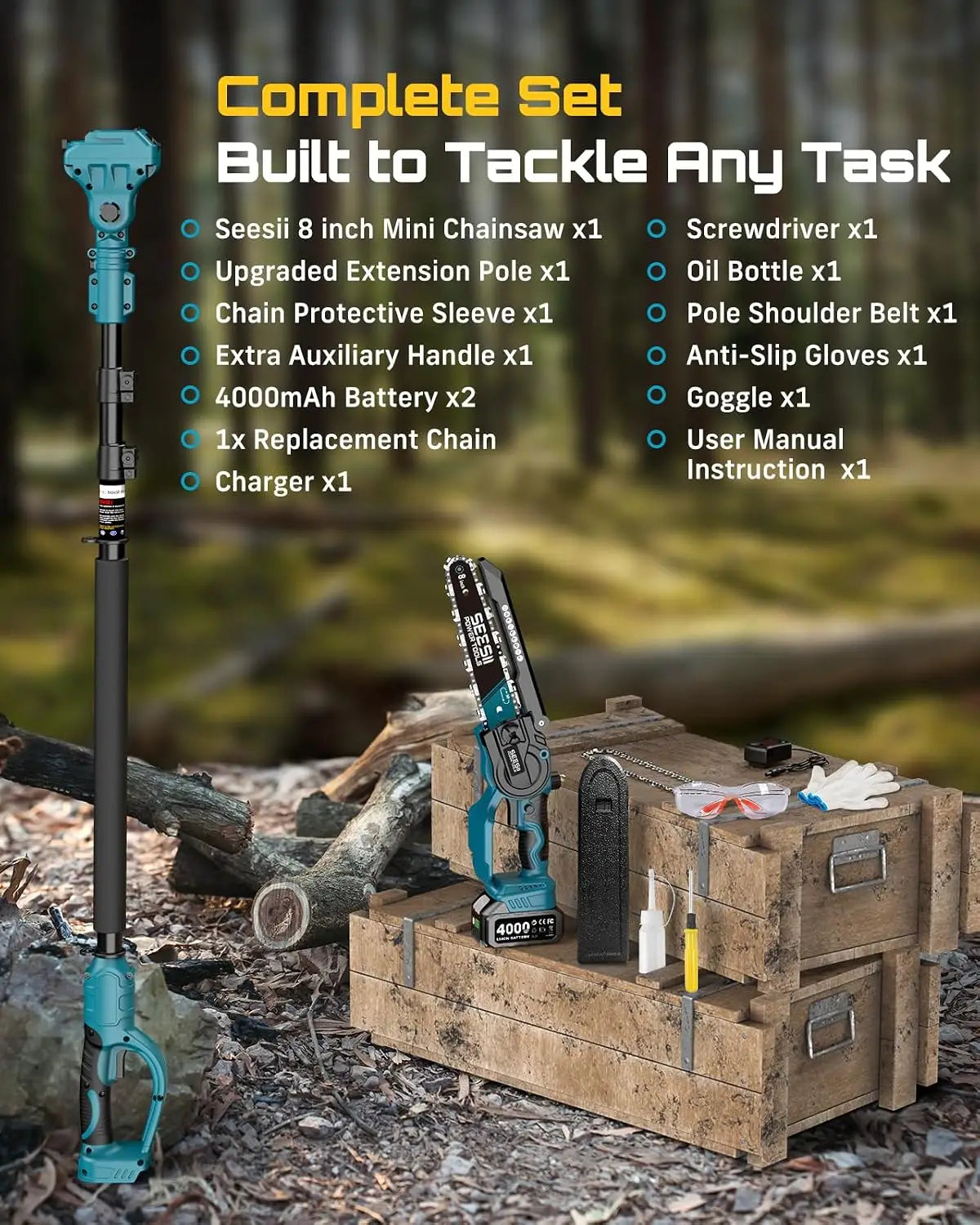 SEESII 8'' Brushless Polesaw Electric Chainsaw with 3M Extension Pole 2 in 1 High Branch Saw Cordless Chainsaw Tree Trimming Limb Cutter Pruner for Makita 18V Battery Pin