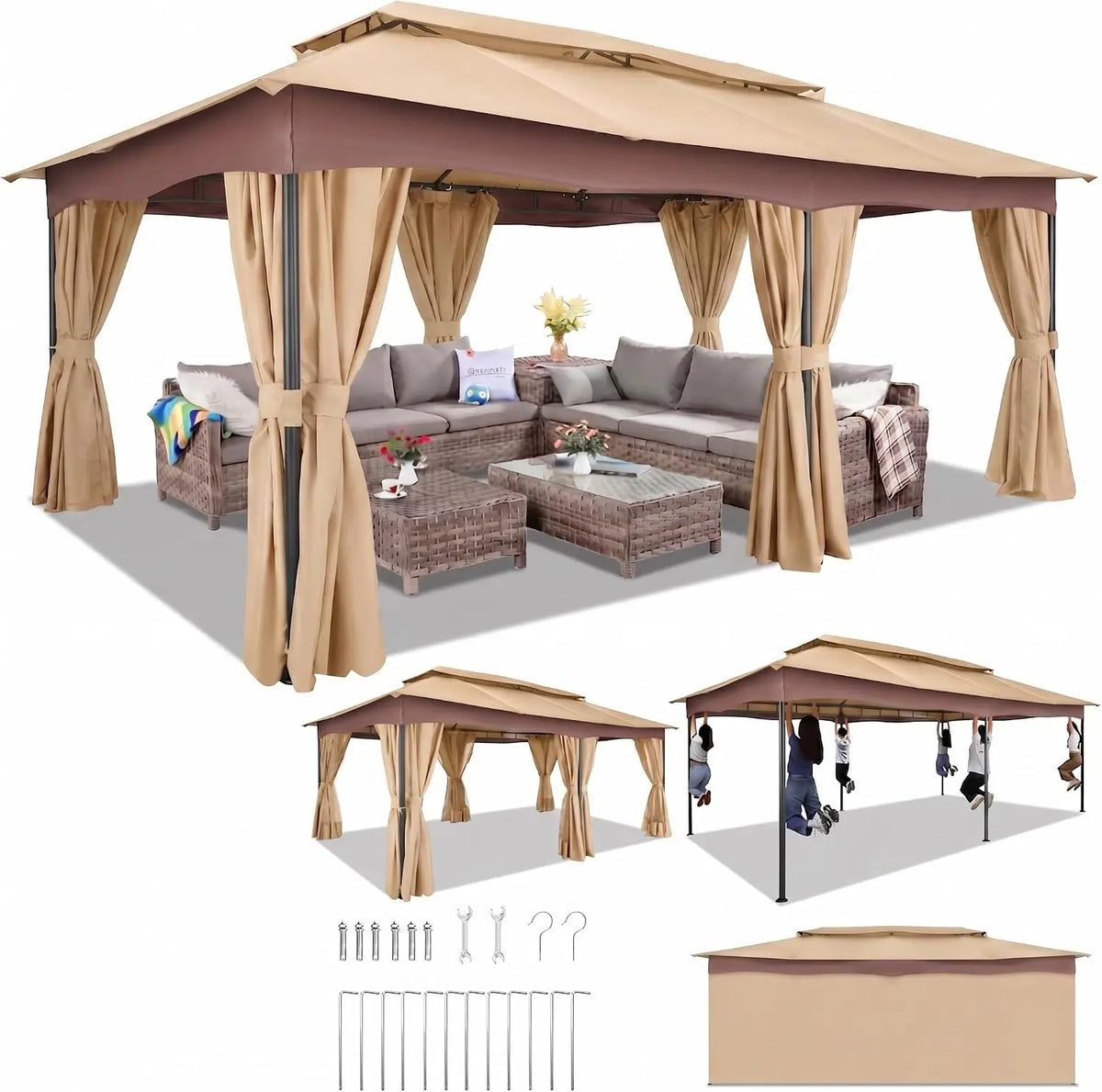 12x20 FT Outdoor Gazebo with Curtains, Heavy Duty Soft Top Canopy, Vented Double Roof, Powder-Coated Steel Metal Frame, Large Patio Backyard Deck Garden Pavilion Tent Shade, UV-Resistant Weather-Resistant Gazebo