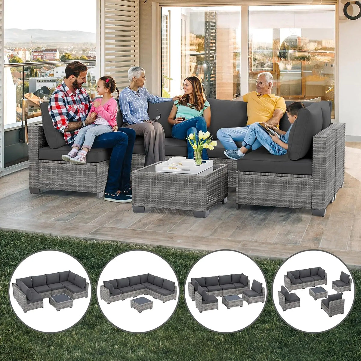 7 Pieces Outdoor Patio Furniture Set, All-Weather Sectional Sofa | Dark Grey Wicker Conversation Set with Glass, Customized