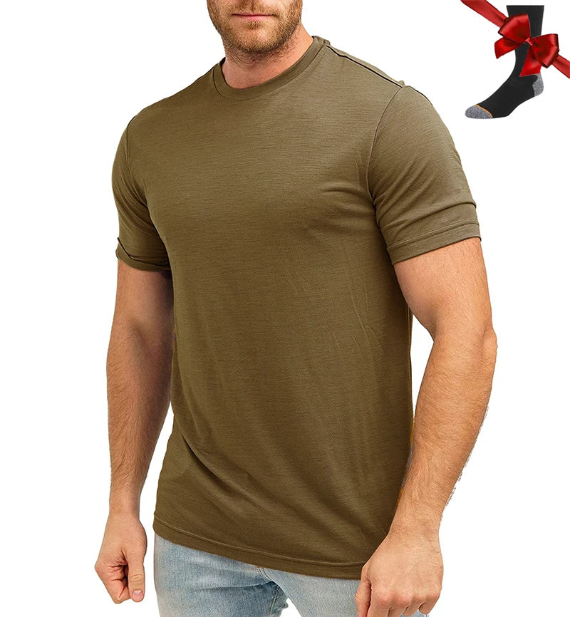 100% Superfine Merino Wool T Shirt Mens Base Layer Shirt Merino Wool Wicking Breathable Quick Dry Anti-Odor +Merino Wool Socks