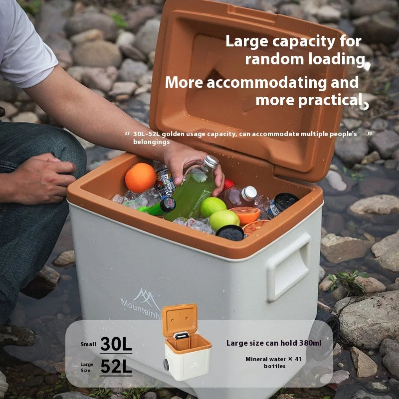 MOUNTAINHIKER 30L 52L Outdoor Refrigerator Fresh with Trolley Wheels Incubator Portable Warm Box BBQ Car Pulley Car Storage Box