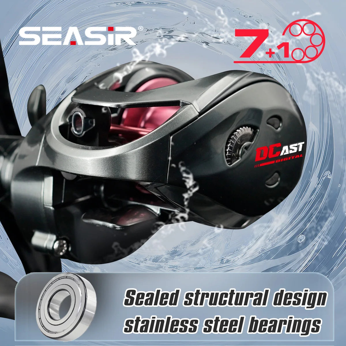 SEASIR DCAST DC Baitcasting Fishing Reel Digital Control Long Cast Carbon Washers Brass Gears 7.3:1 7+1BB Max Drag 8.5kg