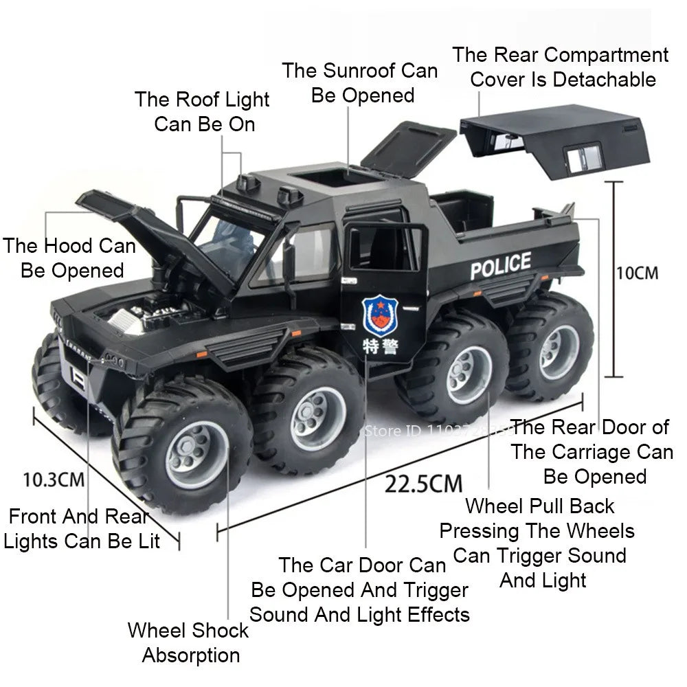 1:24 Scale Avtoros Shaman Police Car Model Toys Alloy Diecast Off-road Vehicle Sound Light Doors Opened Pull Back for Kids Gifts