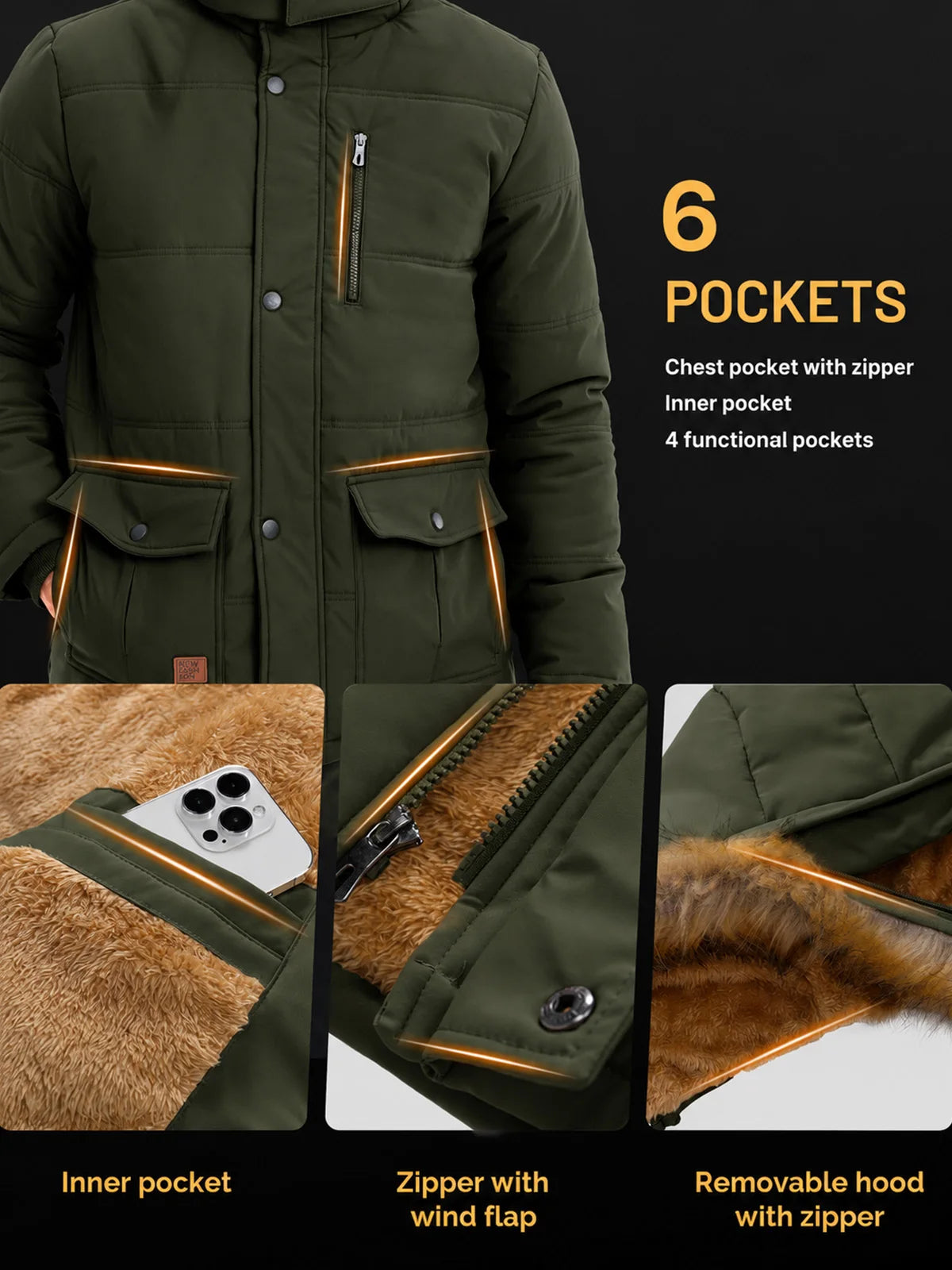 TACVASEN Mens Winter Jackets Waterproof Windproof Fleece Lined Thermal Parka Coats Detachable Hood Ski Jackets With 6 pockets