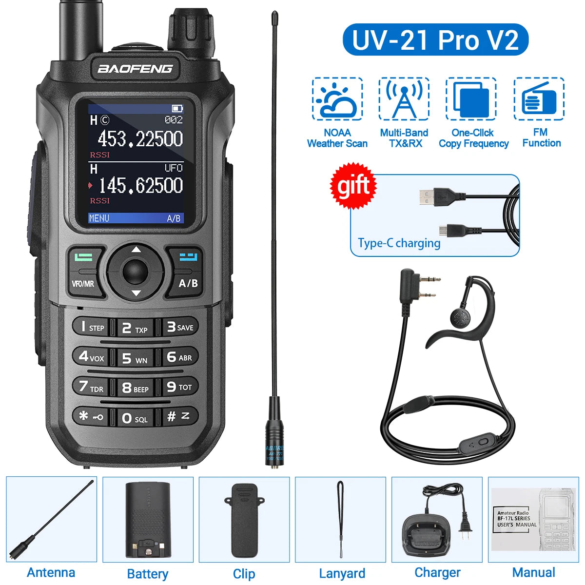Baofeng UV-21 Pro Wireless Copy Frequency VHF UHF Powerful Waterproof V2 Long Range UV-32 Long Range Type-C Two Way Ham Radio