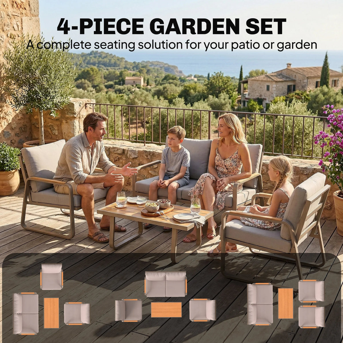 4 Piece Patio Furniture Set, Outdoor Sofa Set, Brown