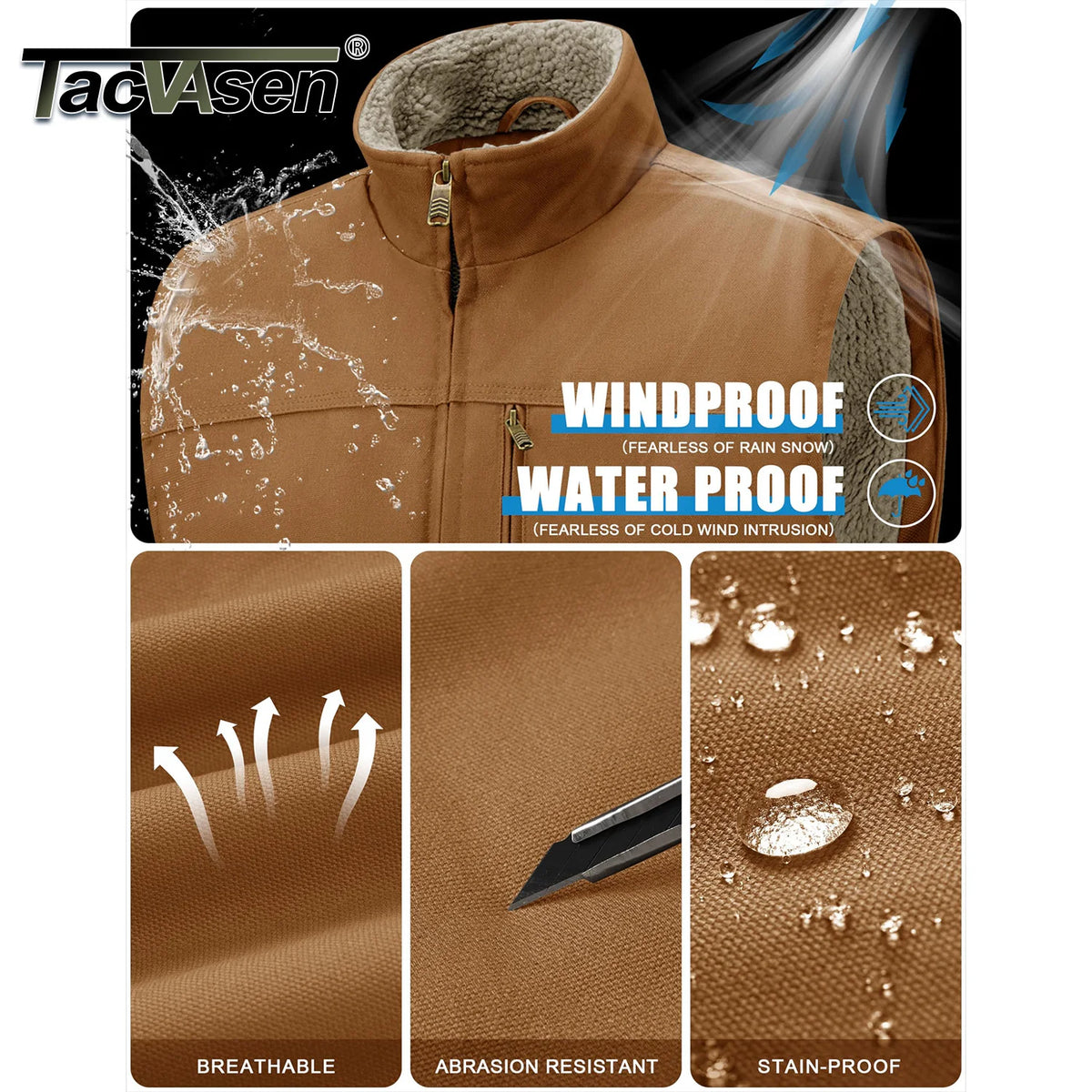 TACVASEN Mens Cotton Work Utility Winter Vest Canvas Waterproof Heavy Duty Coats Sherpa Fleece Sleeveless Jackets Windproof