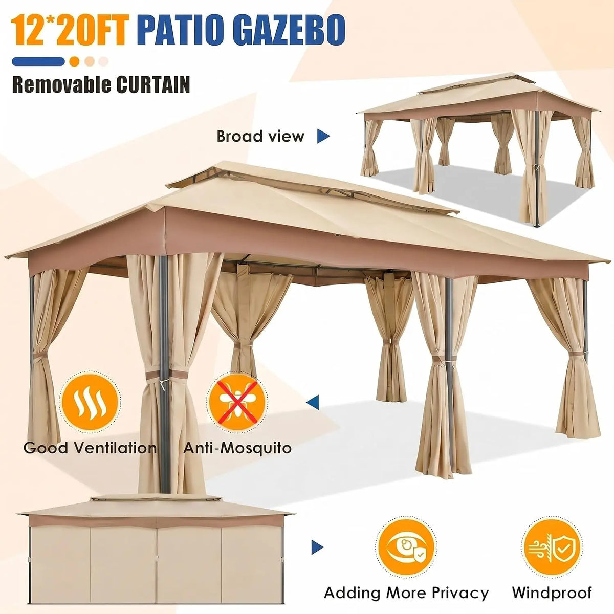 12x20 FT Outdoor Gazebo with Curtains, Heavy Duty Soft Top Canopy, Vented Double Roof, Powder-Coated Steel Metal Frame, Large Patio Backyard Deck Garden Pavilion Tent Shade, UV-Resistant Weather-Resistant Gazebo
