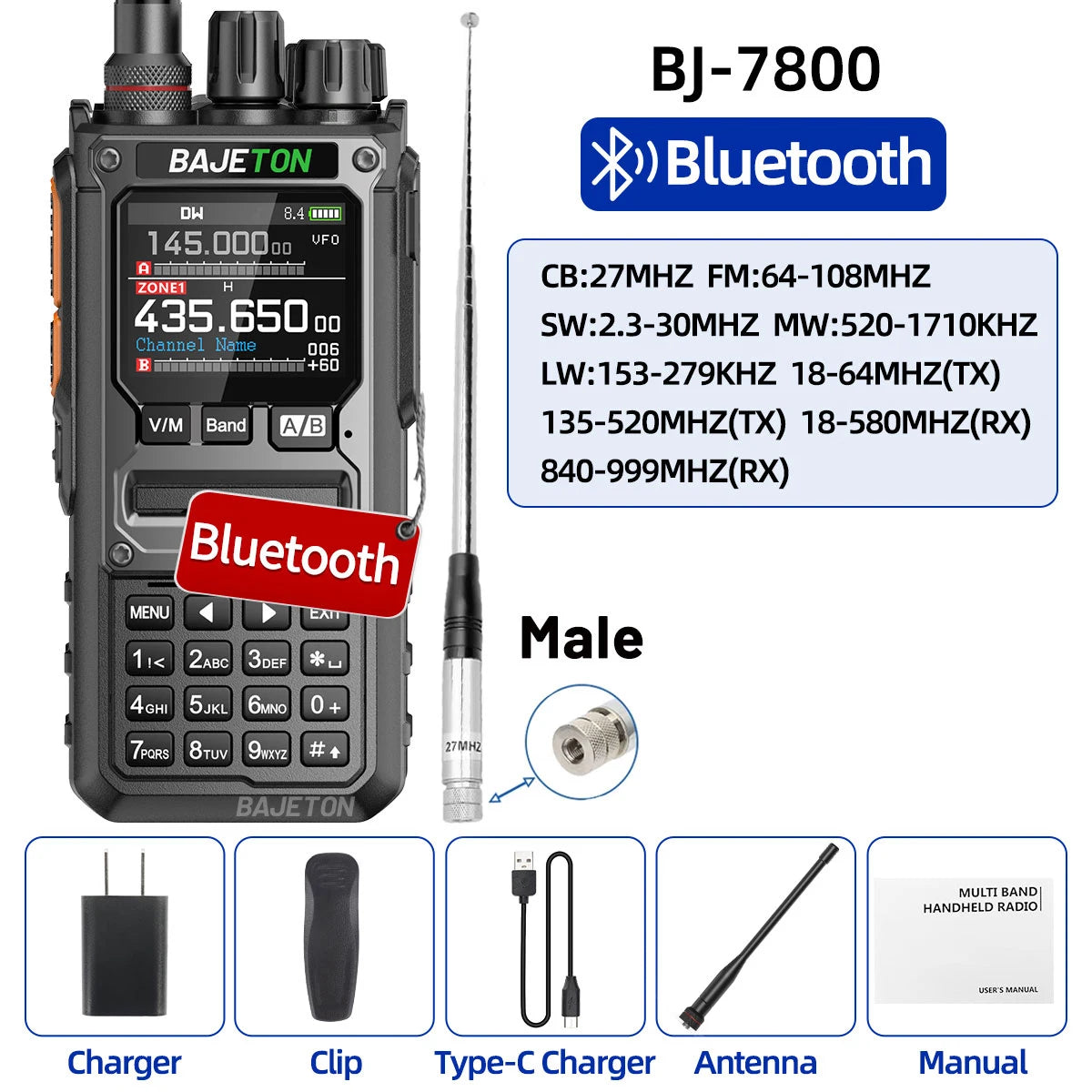 BAJETON BJ-7800 Walkie Talkie NOAA SW MW LW AM SSB CB 10W Receive Wireless Bluetooth Phone Programming for RT-920 Two Way Radio