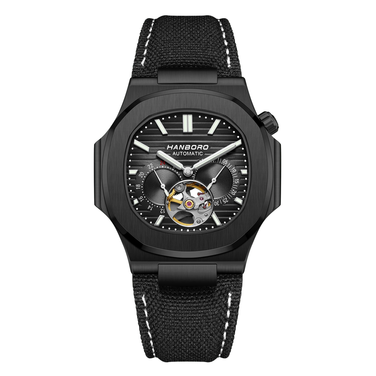 HANBORO Creative Crown Design Rose Gold Square Men's Brown Skull Mechanical Watch Canvas Strap Personalized Japanese Movement