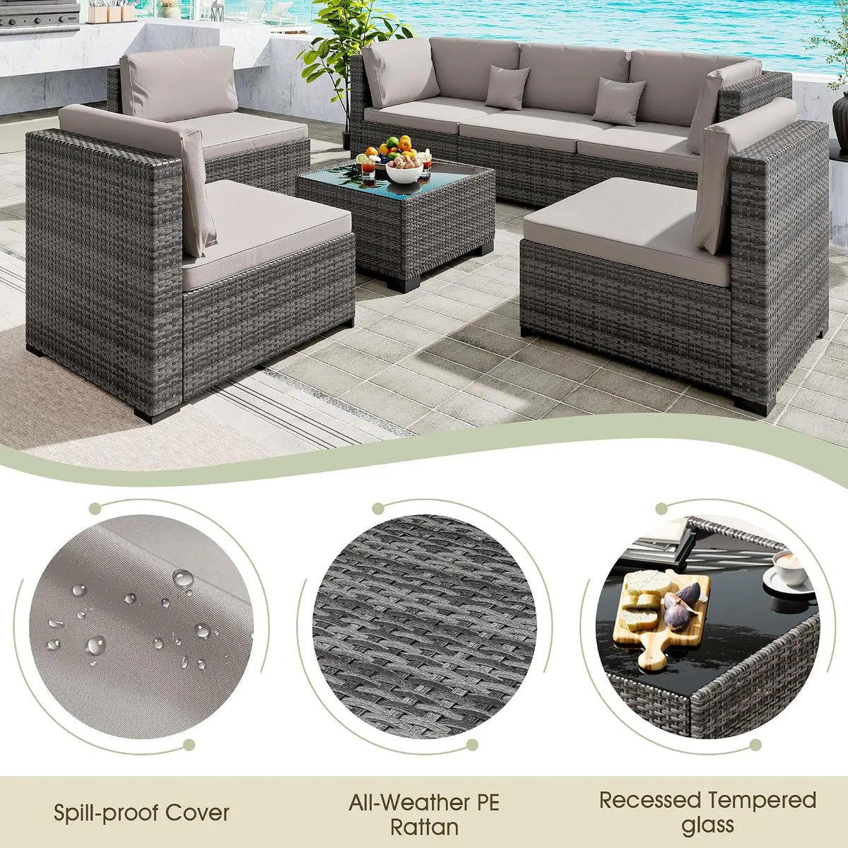 7 Pieces Outdoor Furniture Set, Wicker Furniture Patio Conversation Sets with Tea Table and Thickened Beige, Customized