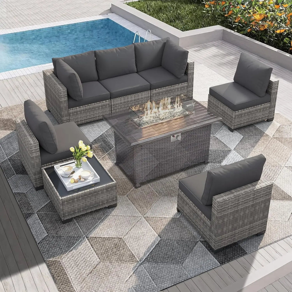 7 Pieces Outdoor Patio Furniture Set, All-Weather Sectional Sofa | Dark Grey Wicker Conversation Set with Glass, Customized