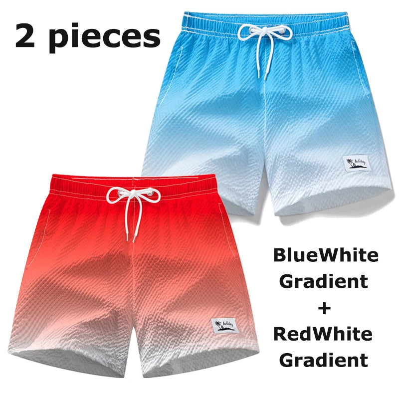 Men's Seersucker Beach Shorts with Mesh Liner Summer Casual Board Shorts with Pockets Quick Dry Swimwear Swimsuit Swim Trunks