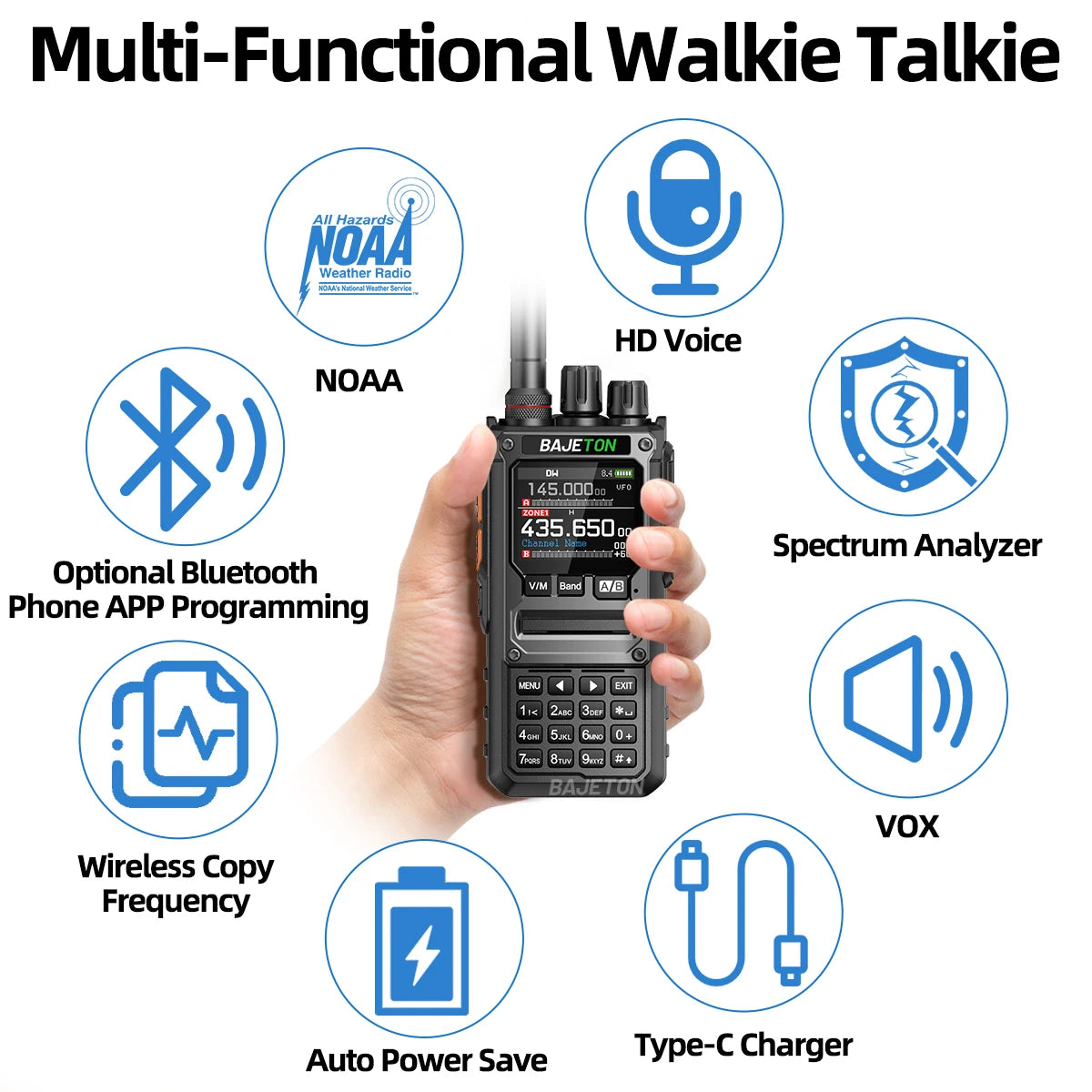 BAJETON BJ-7800 Walkie Talkie NOAA SW MW LW AM SSB CB 10W Receive Wireless Bluetooth Phone Programming for RT-920 Two Way Radio