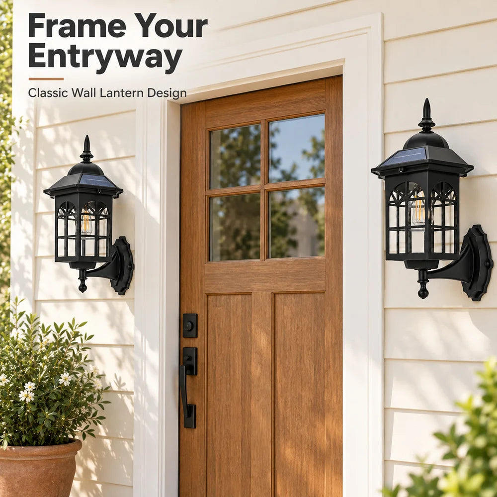 2 Pack Outdoor Solar Wall Lantern Lights With 1 USB LED Light Strip Decorative Wall Sconces Set For Front Porch Entryway Patio And Garden