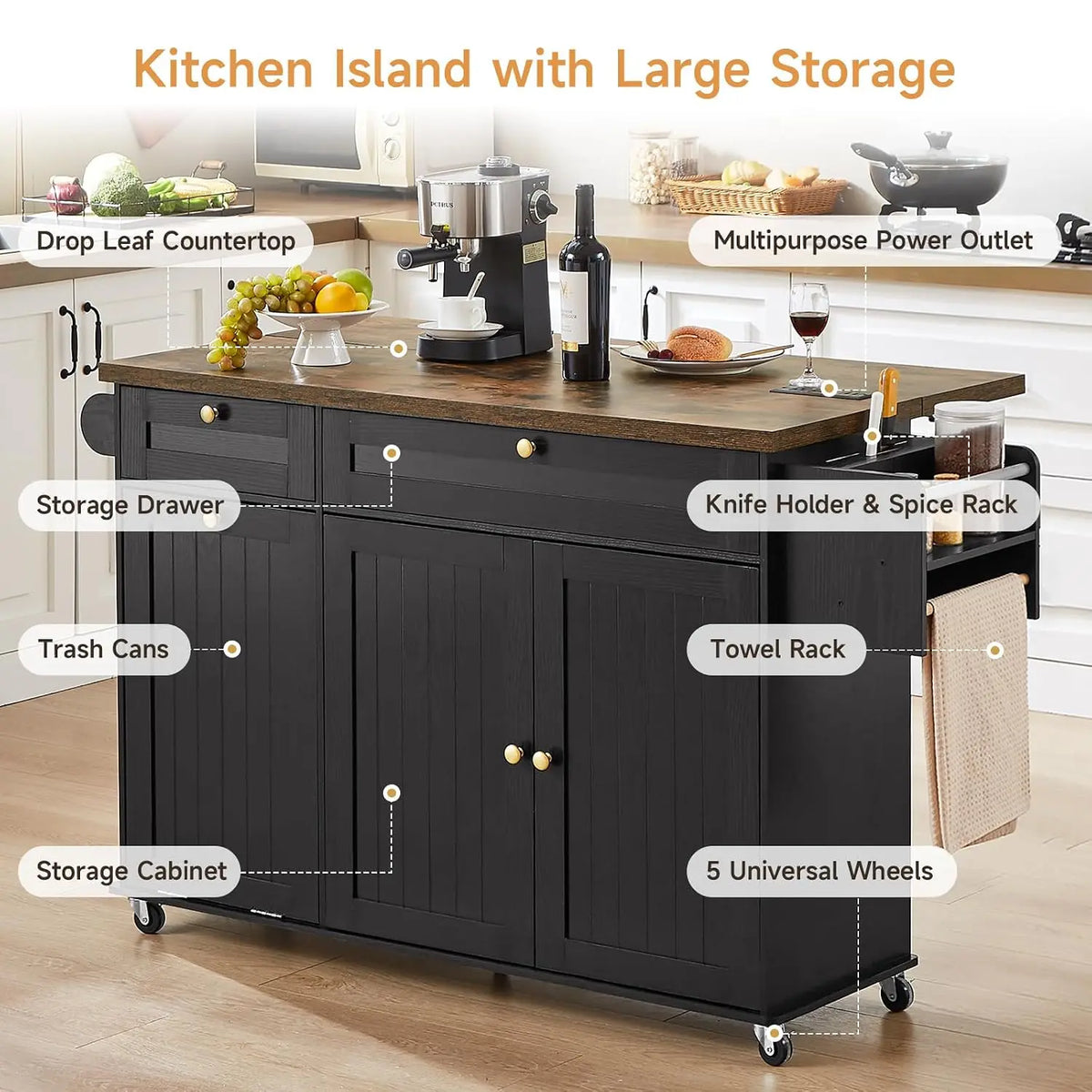 60" Kitchen Island with Trash Can Storage, Black+Rustic Brown | Kitchen Island Cart with Power Outlet & Drop Leaf, Customized
