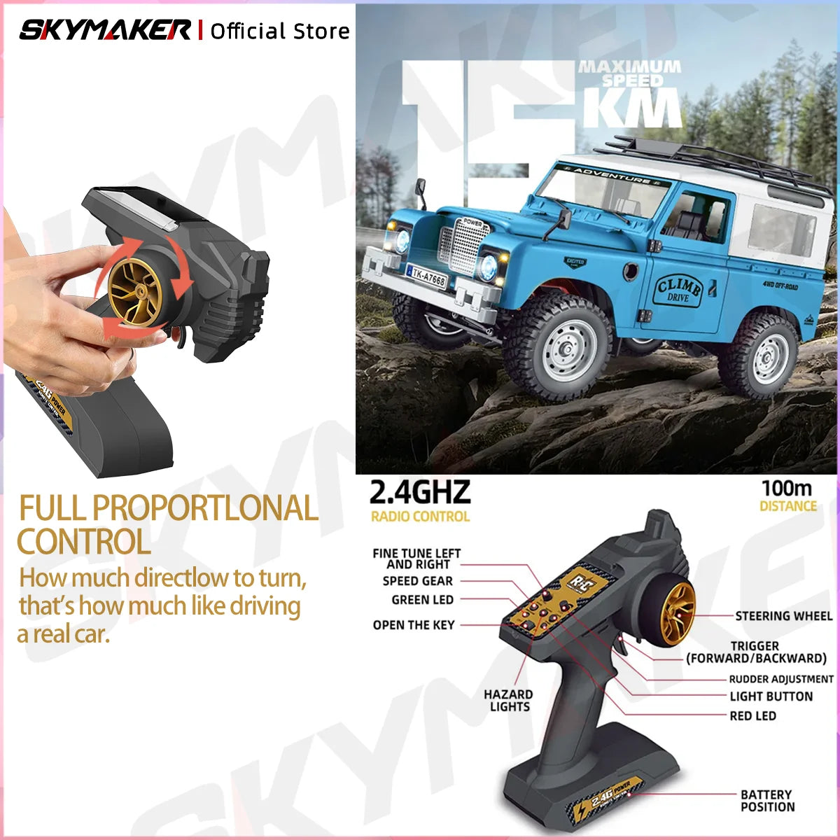 1:10 Scale RC Truck 15km/h 2.4G with LED Light 4WD Off-Road Climbing Car Model Toy for Boys Gift