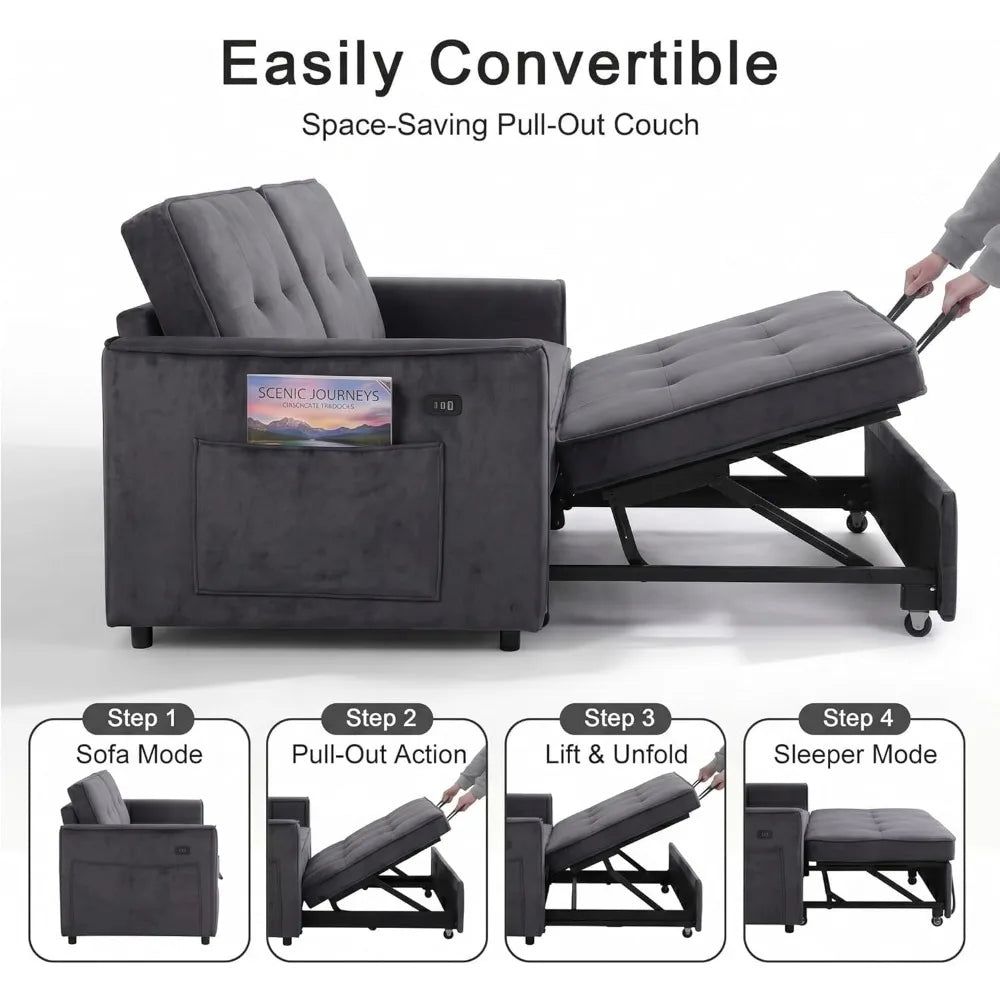 53" Convertible Sofa Bed USB Port & Storage Pockets, Reclining Backrest Small Spaces, Living Room