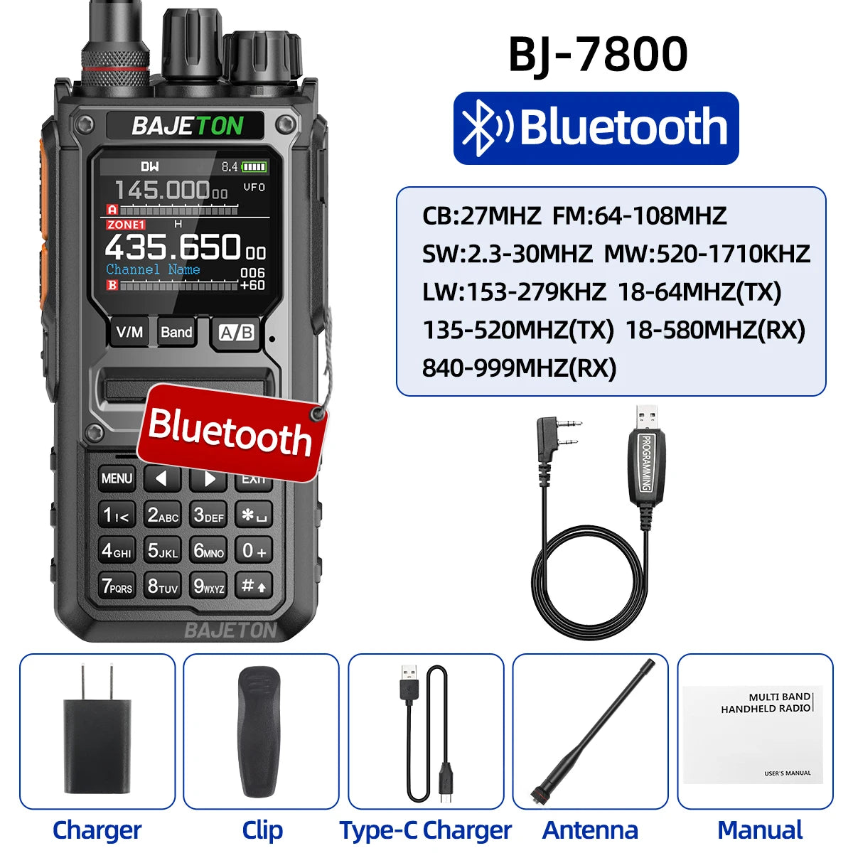 BAJETON BJ-7800 Walkie Talkie NOAA SW MW LW AM SSB CB 10W Receive Wireless Bluetooth Phone Programming for RT-920 Two Way Radio