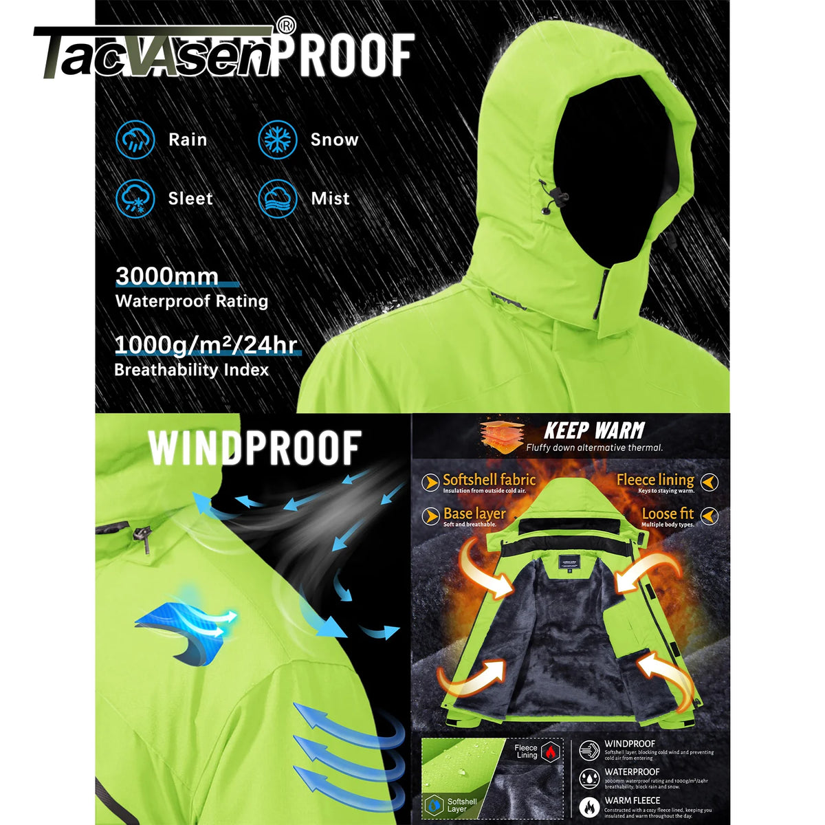 TACVASEN Mens Winter Parka Jackets Waterproof Fleece Lined Warm Ski Coats Outdoor Fishing Padded Jackets With Multiple Pockets