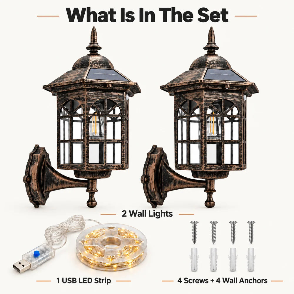 2 Pack Outdoor Solar Wall Lantern Lights With 1 USB LED Light Strip Decorative Wall Sconces Set For Front Porch Entryway Patio And Garden
