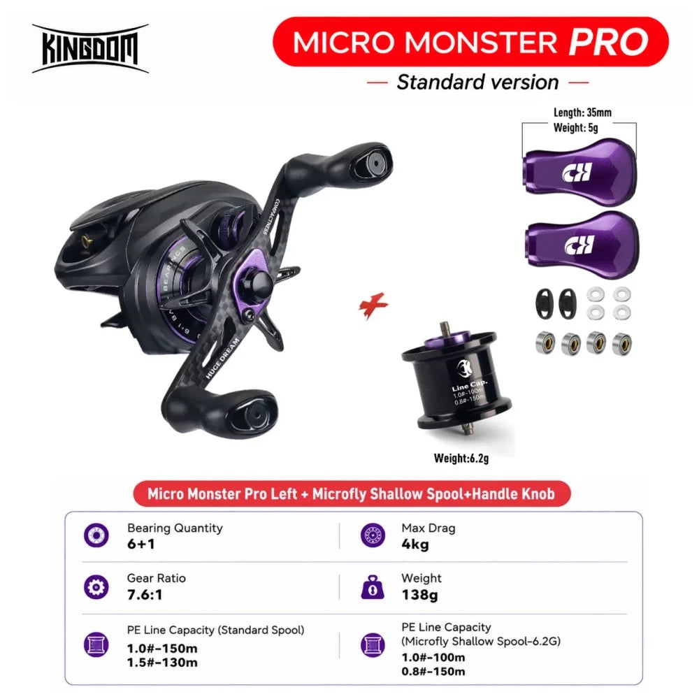 Kingdom Micro Monster Pro PRO+  Baitcasting Fishing Reel 4K/6kg Max Drag 7.6:1 Gear Ratio 138g Ultra-light Carbon Fishing Reel