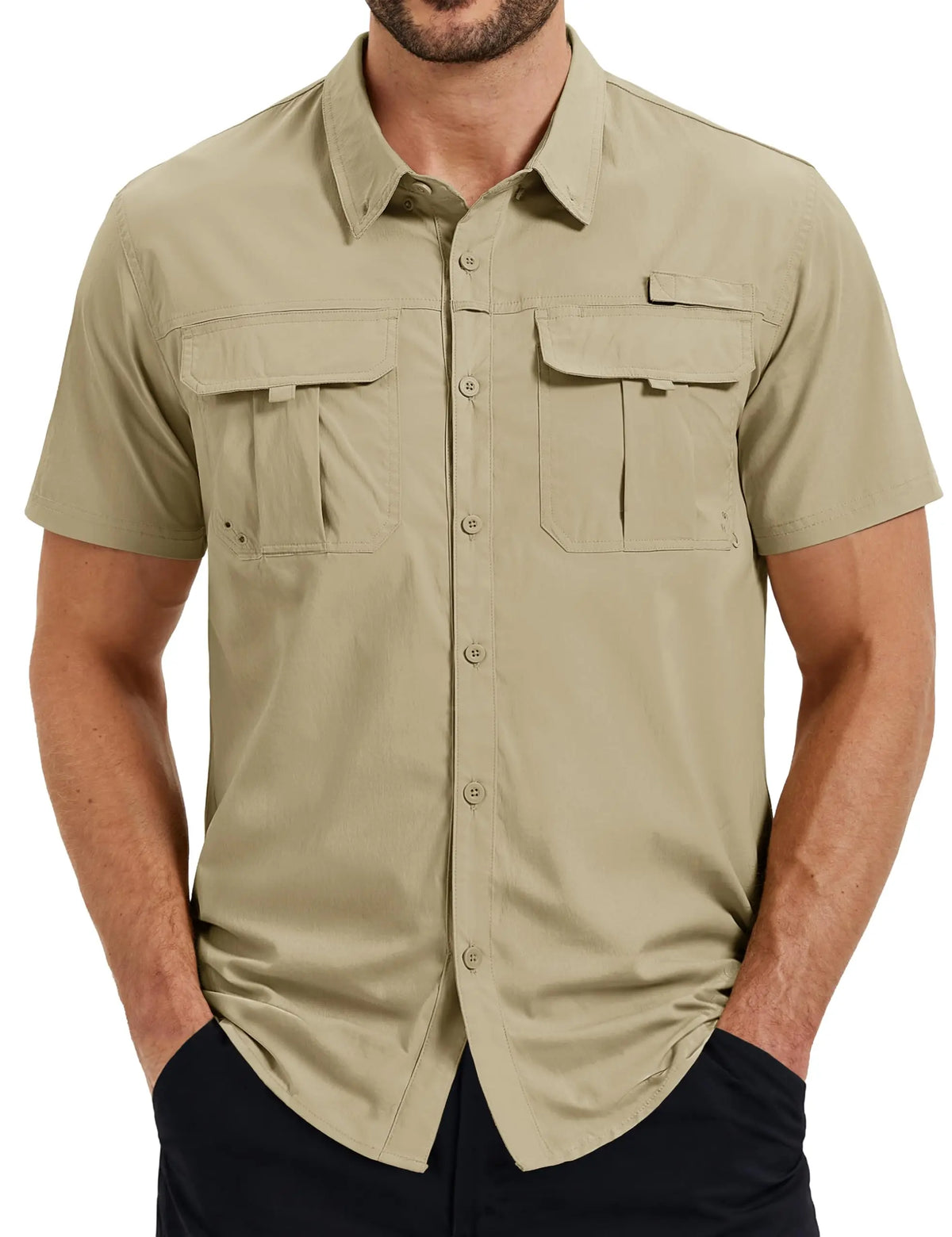TACVASEN Men's UPF 50 Fishing Shirt Quick Dry Breathable Short Sleeve Tactical Shirt Button Down Sun Shirt for Work with Pockets